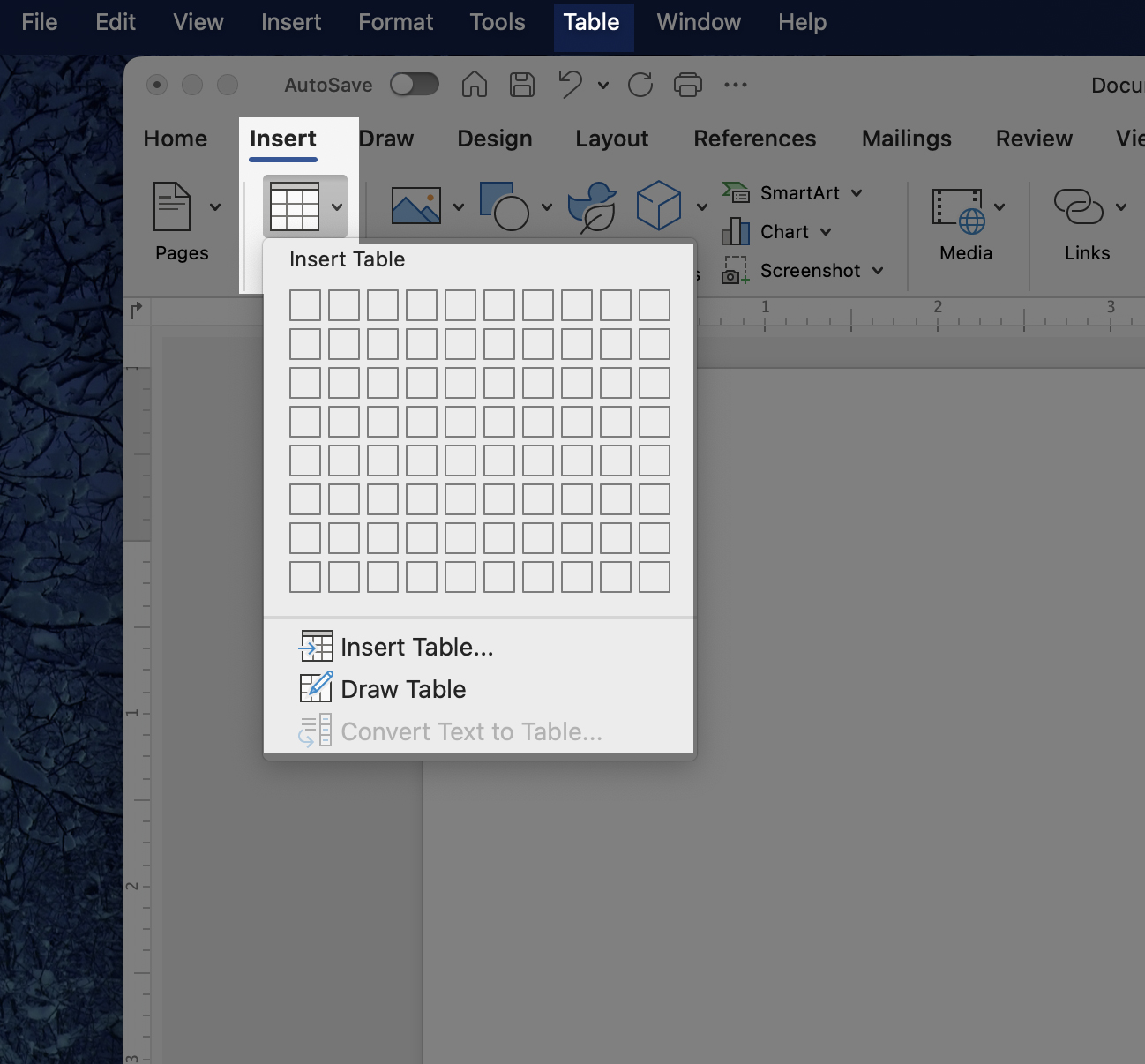Shows how to add a table in Word.