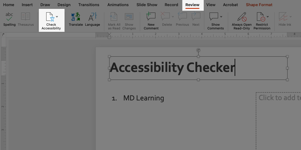 Highlighted areas show location of Review tab and Check Accessibility tab.