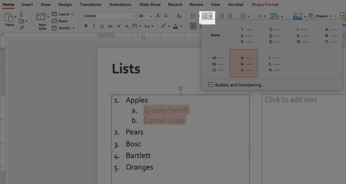 Highlighted area shows the dropdown menu in the numbered or bulleted lists to change the style.