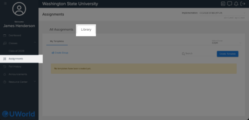 Highlights indicate location of Assignments tab and Library tab.