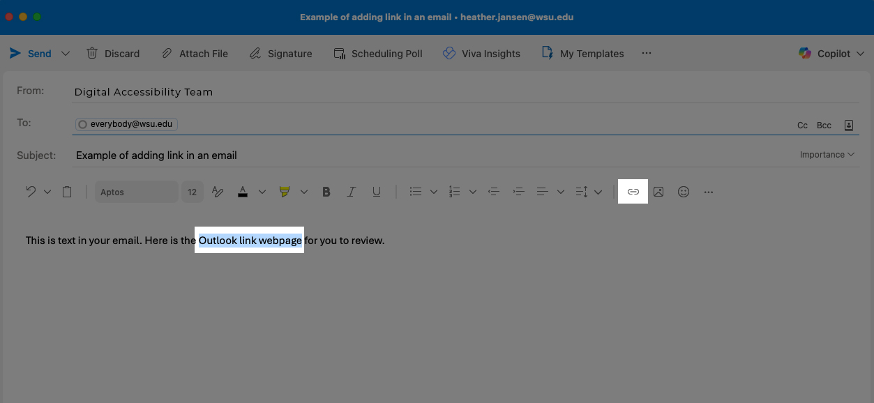Highlighted areas shows to highlight the link text and tap the link button.