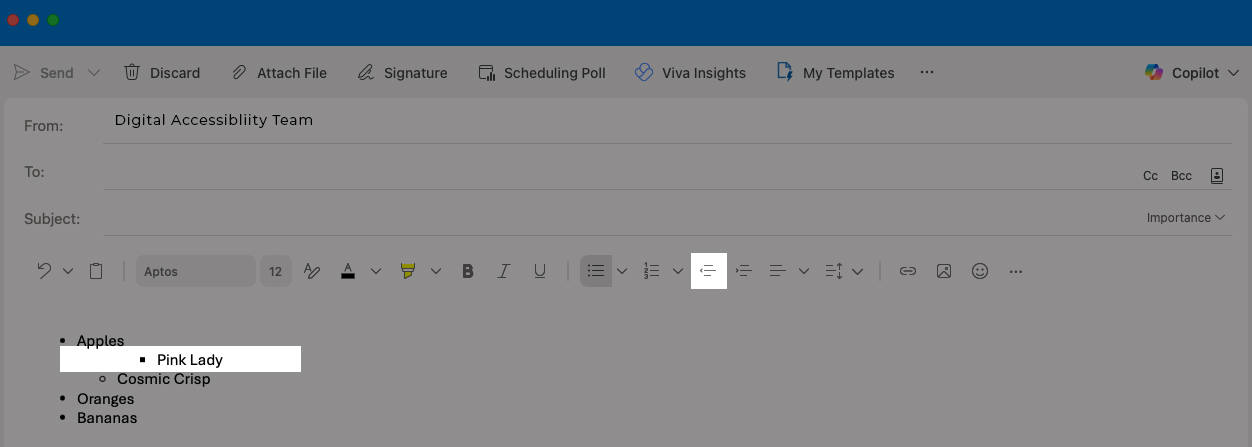 Highlighted area shows the location of the decrease indent button in Outlook.