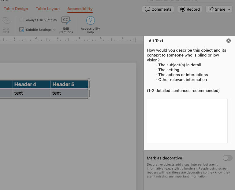 Highlighted area shows where and how to include alt text for your table.