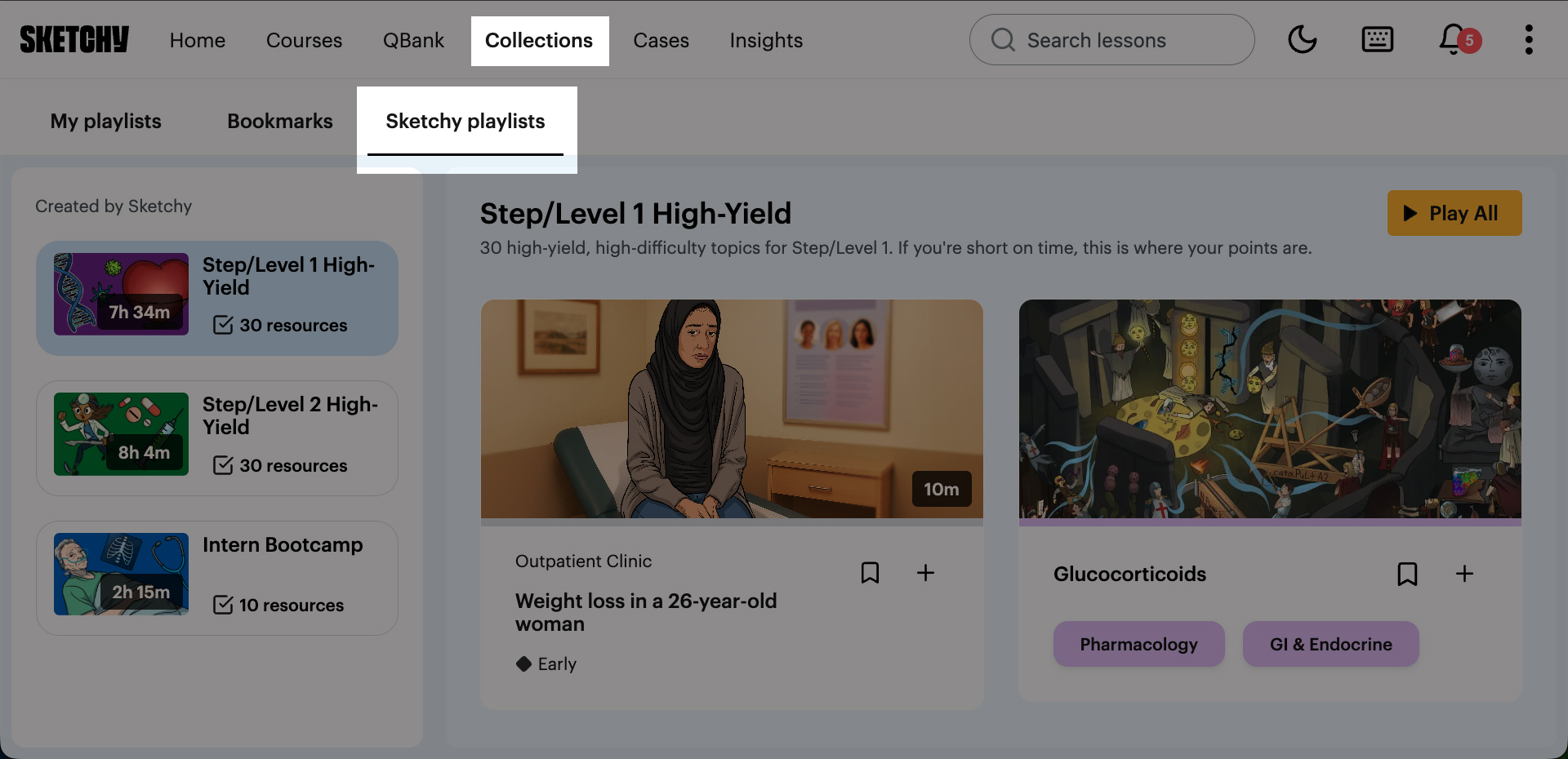 Highlighted areas show location of Collections and Sketchy Playlists buttons.